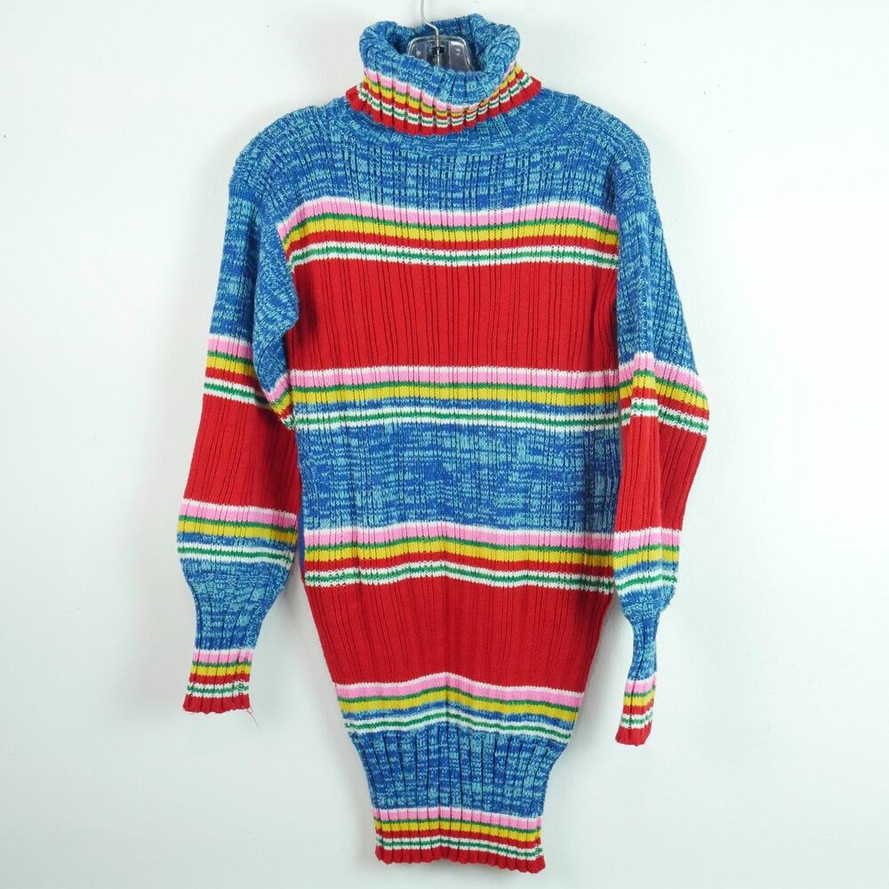Vintage S M‎ Rainbow Sweater Dress Turtleneck 70s Stripe Multicolor Tunic Mini